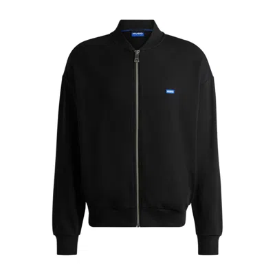 Hugo Boss Cotton-terry Zip-up Sweatshirt With Blue Logo Label In Black
