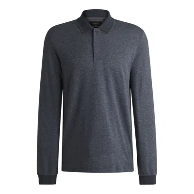 Hugo Boss Long-sleeved Knit Polo In Mouliné Cotton And Silk In Blue