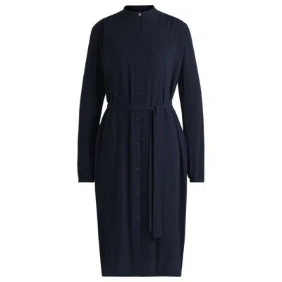 Hugo Boss Belted Shirt Dress In Crepe Georgette With Stand Collar In Blue