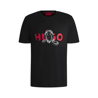 Hugo Boss Oversized-fit T-shirt In Cotton With Animal Graphic In Black