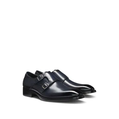 Hugo Boss Double-strap Monk Shoes In Leather With Heel Detail In Blue