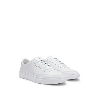 Hugo Boss Coated-leather Trainers With Gold-tone Logo In White