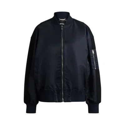 Hugo Boss Water-repellent Bomber Jacket With Zipped Sleeve Pocket In Blue