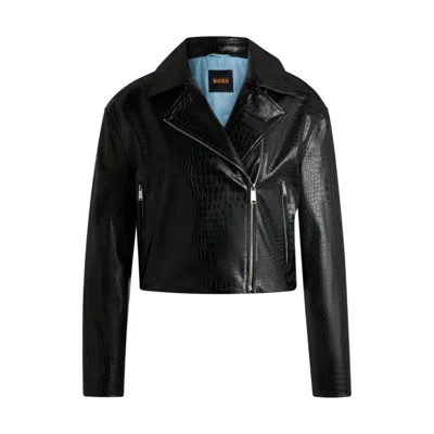 Hugo Boss Crocodile-embossed Biker Jacket In Faux Leather In Black