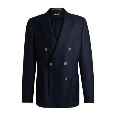 Hugo Boss Slim-fit Blazer In Patterned Virgin Wool In Blue