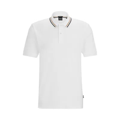 Hugo Boss Slim-fit Polo Shirt In Cotton With Striped Collar In White