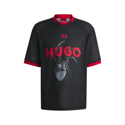 Hugo Boss Relaxed-fit Football-style Mesh T-shirt With Seasonal Print In Black