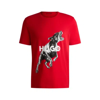 Hugo Boss Oversize-fit T-shirt In Cotton With Animal Graphic In Pink