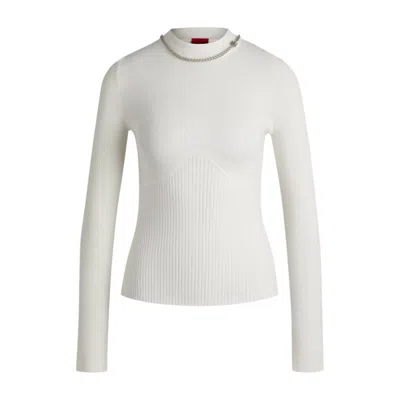 Hugo Boss Mock-neck Sweater With Chain Collar Trim In White