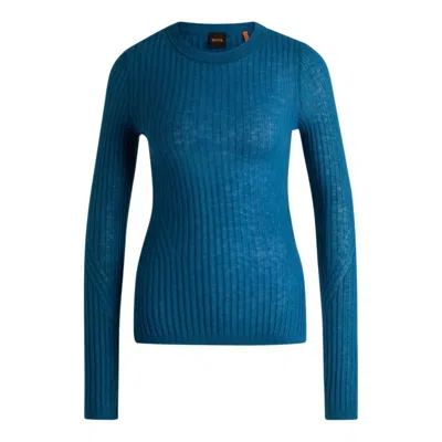 Hugo Boss Wool Slim-fit Sweater With Raw Edges In Blue