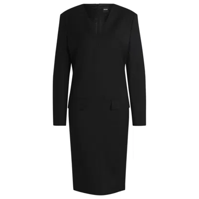 Hugo Boss Tailored V-neck Dress With Flap Pockets In Relaxed Fit In Black