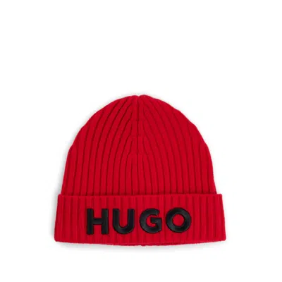 Hugo Boss Wool Beanie Hat With Logo Detail In Light Pink