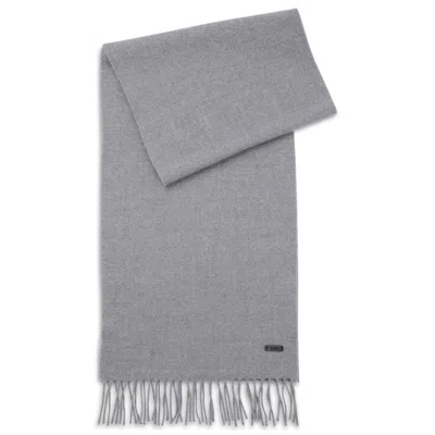 Hugo Boss Wool Scarf With Logo Label And Twisted Fringes In Silver