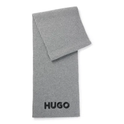 Hugo Boss Ribbed Scarf In Wool With Embroidered Logo In Grey