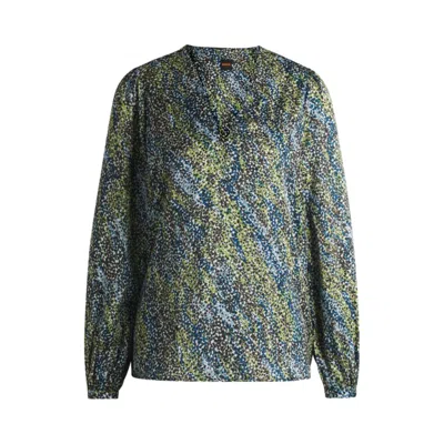 Hugo Boss Regular-fit Blouse With V Neckline In Printed Satin In Multi