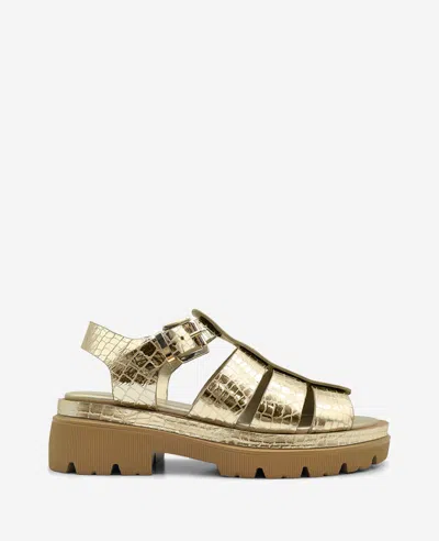 Kenneth Cole Herron Lizard Embossed Lug Sole Sandal In Soft Gold Leather