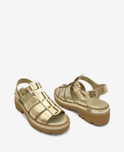 Kenneth Cole Herron Lizard Embossed Lug Sole Sandal In Soft Gold Leather