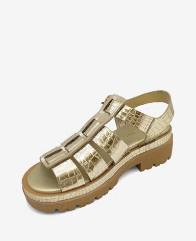 Kenneth Cole Herron Lizard Embossed Lug Sole Sandal In Soft Gold Leather