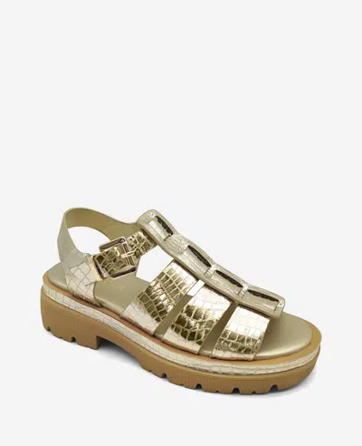 Kenneth Cole Herron Lizard Embossed Lug Sole Sandal In Soft Gold Leather
