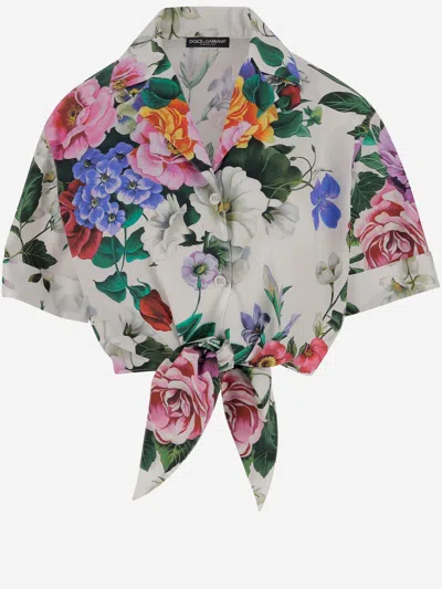 Dolce & Gabbana Multicolor Crop Shirt With All-over Floral Motif And Logo Lettering Detail On The Front In Cotton Wo