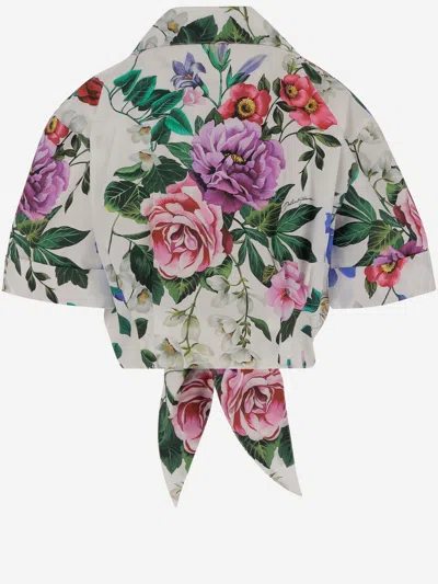 Dolce & Gabbana Multicolor Crop Shirt With All-over Floral Motif And Logo Lettering Detail On The Front In Cotton Wo