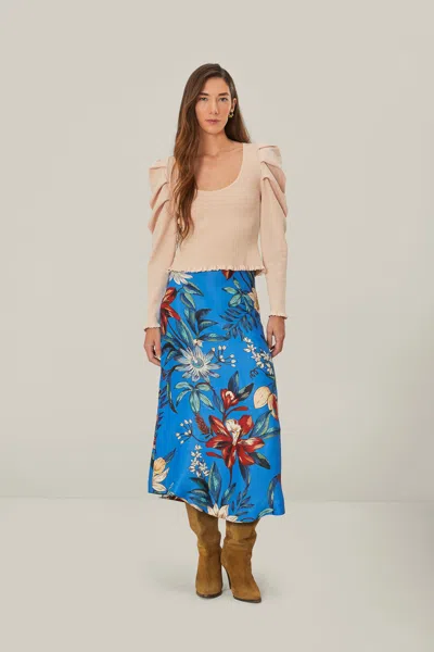 Farm Rio Active Blue Surreal Flowers Lenzing Ecovero Midi Skirt