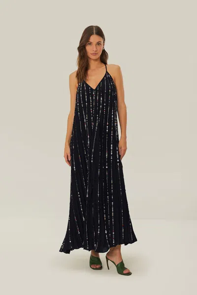Farm Rio Active Black Embroidered Stones Pleated Midi Dress In Black