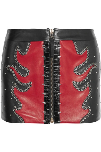 Shop Anthony Vaccarello Embellished Two-tone Leather Mini Skirt