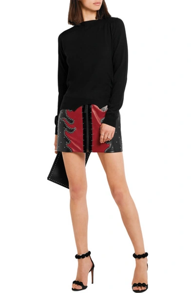 Shop Anthony Vaccarello Embellished Two-tone Leather Mini Skirt