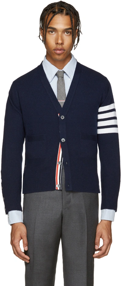 Shop Thom Browne Navy Cashmere Cardigan In 415 Navy