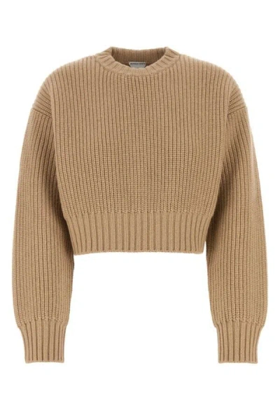 Bottega Veneta Crew Neck Cropped Wool Blend Sweater In Brown