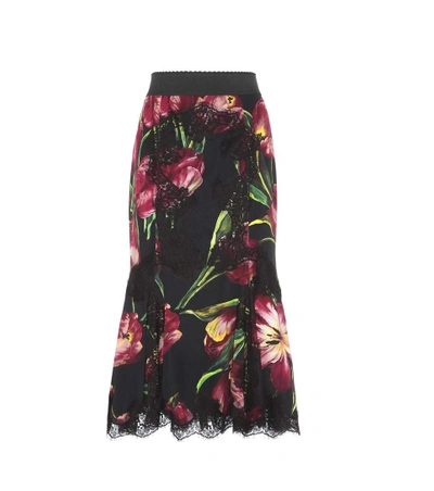 Dolce & Gabbana Tulip-print Lace-panelled Silk-blend Skirt In Black