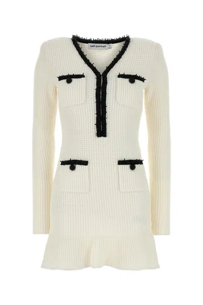 Self-portrait Textured White Dress With Beaded V-neckline In White