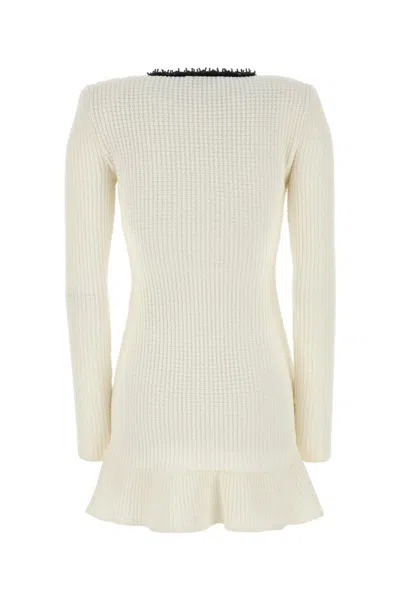 Self-portrait Textured White Dress With Beaded V-neckline In White