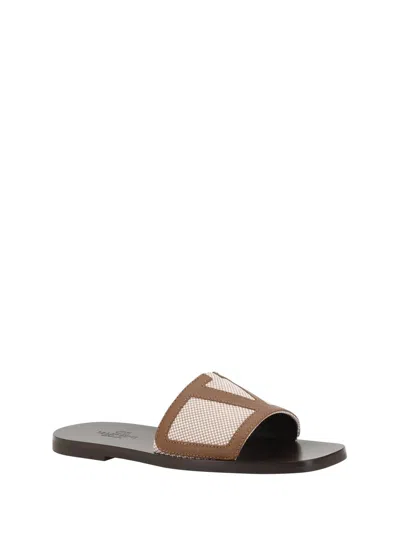 Valentino Garavani Viva Superstar Slide Sandal In Canvas Fabric And Nappa Leather In Brown