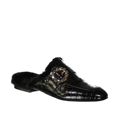 Eleventy Croc-embossed Leather Mules With Plush Fur Lining In Black