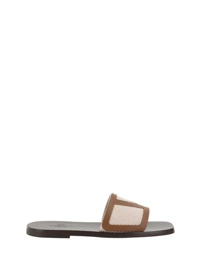 Valentino Garavani Viva Superstar Slide Sandal In Canvas Fabric And Nappa Leather In Brown