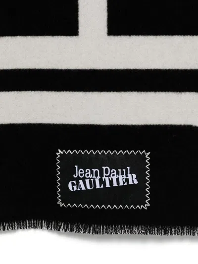 Jean Paul Gaultier Wool Scarf Logo Fringed Edges Rectangular Shape In Black