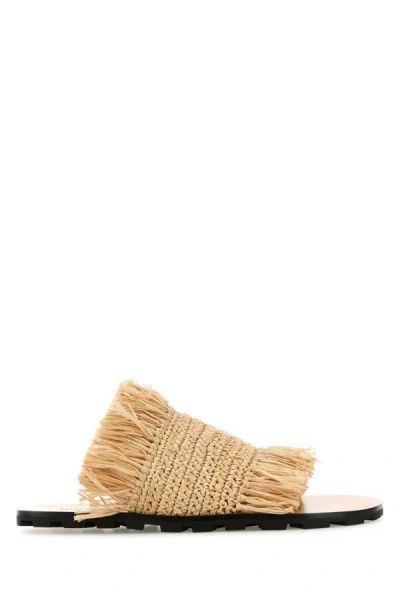 Jil Sander Raffia Slippers With Fringe Detail And Open Toe In Brown