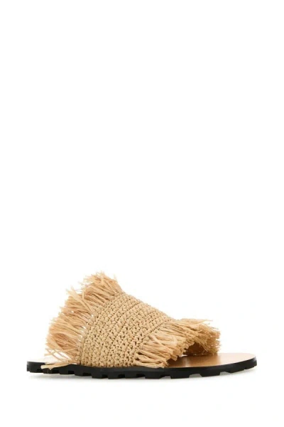 Jil Sander Raffia Slippers With Fringe Detail And Open Toe In Brown