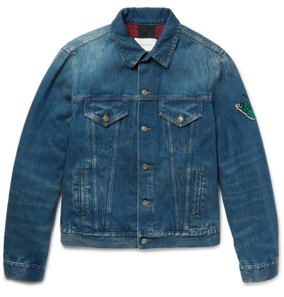 Shop Gucci Embroidered Denim Jacket In Blue