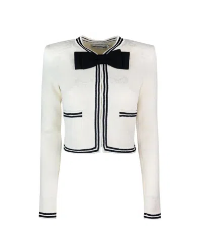 Self-portrait Beige Cardigan With Bow Detail On The Front And Contrasting Trims In Cotton Blend Woman In White