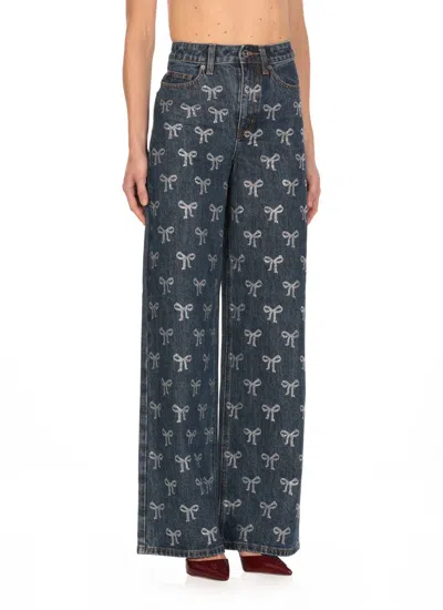 Self-portrait Blue Jeans With All-over Rhinestoned Bow Embellishments In Denim Woman In Blue