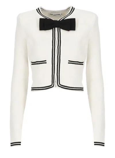 Self-portrait Beige Cardigan With Bow Detail On The Front And Contrasting Trims In Cotton Blend Woman In Beige