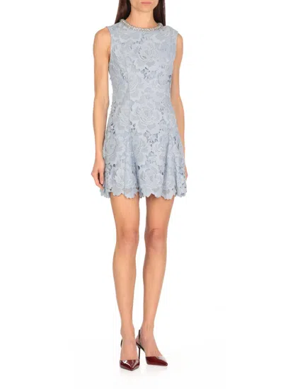 Self-portrait Bue Crewneck Mini Dress With Rhinestoned Collar And All-over Floral Lace Embroidery In Tech Fabric W In Blue