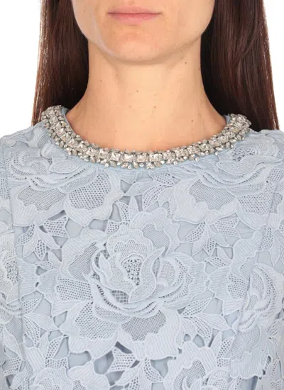 Self-portrait Bue Crewneck Mini Dress With Rhinestoned Collar And All-over Floral Lace Embroidery In Tech Fabric W In Blue