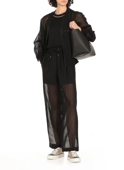 Brunello Cucinelli Black Organza Shiny Trims Bomber Jacket In Black