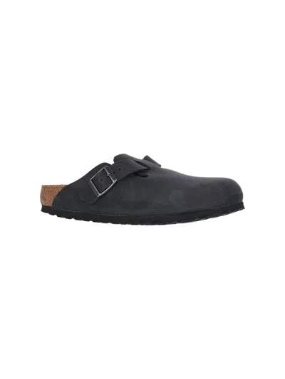Birkenstock Slate Leather Boston Slippers In Black