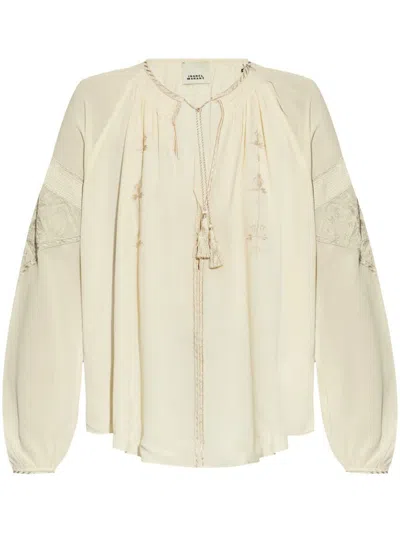 Isabel Marant Oris Embroidered Silk Blouse In Beige