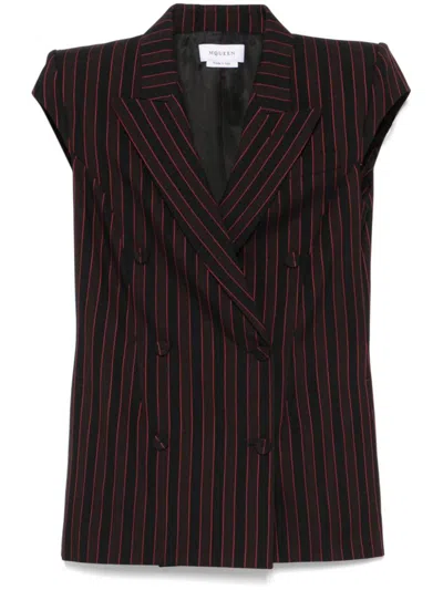 Alexander Mcqueen Double Breasted Pinstripe Sleeveless Jacket In Nero E Bordeaux